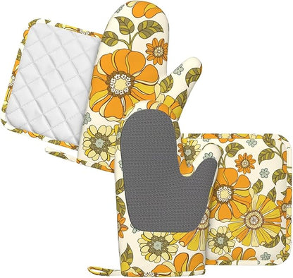 Retro 70s Style Flower Oven Mitts and Pot Holders Sets Silicone Kitchen Mitts