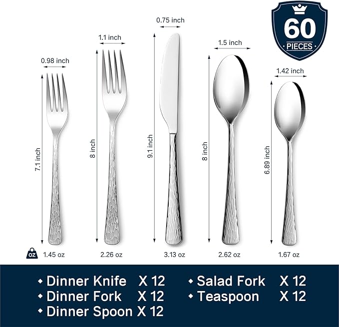 KINGSTONE Hammered Silverware Set, Flatware Set, 18/10 Stainless Steel Premium Cutlery with Unique Ripple Handles Design Mirror Polished - Dishwasher Safe (60-Piece)