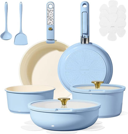 CAROTE 15Pcs Ceramic Cookware Set, Pots and Pans Set Non Stick, Kitchen Cooking