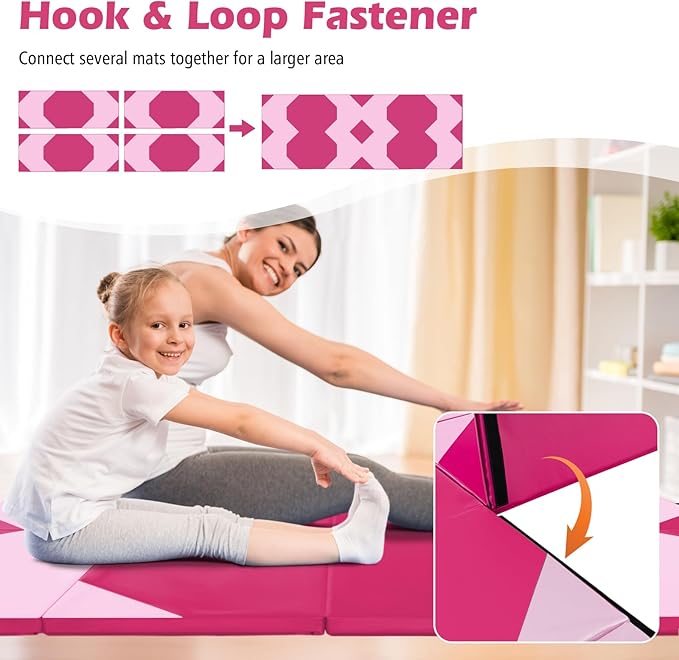Giantex 4'x10'x 2" Gymnastics Mat, 4-Panel Folding Aerobics Exercise Mat w/Hook & Loop Fastener, Carrying Handle, Portable Tumbling Mat for Stretching Yoga Cheerleading Martial Arts