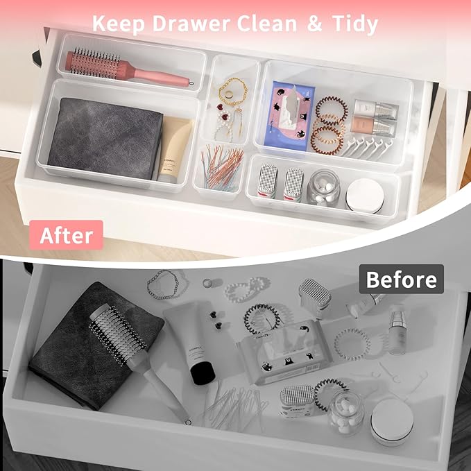 25 PCS Plastic Drawer Organizer Set, 4-size Clear Bathroom and Vanity Desk