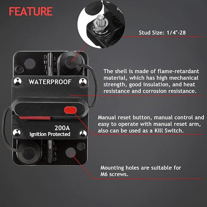 3 Pack 200 Amp Circuit Breaker Manual Reset Wire Lugs Copper Washer for Car Marine Trolling Motors Boat ATV Manual Power Protect for Audio System Fuse, 12V-48VDC