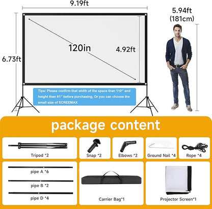Outdoor Projector Screen with Stand, SCREENMAX 120 inch Foldable Projector