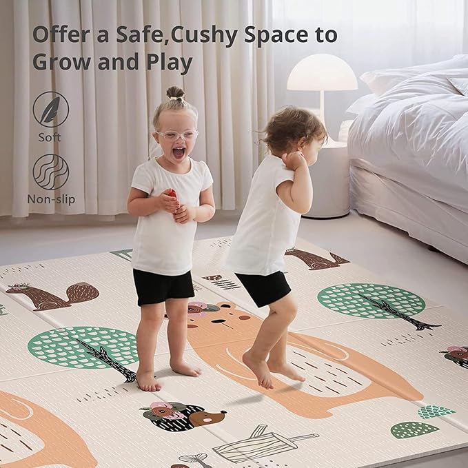 UANLAUO Foldable Baby Play Mat, Extra Large Waterproof Activity Playmats for Babies,Toddlers, Infants, Play & Tummy Time, Foam Baby Mat for Floor with Travel Bag (Bear(59x59x0.4inch))