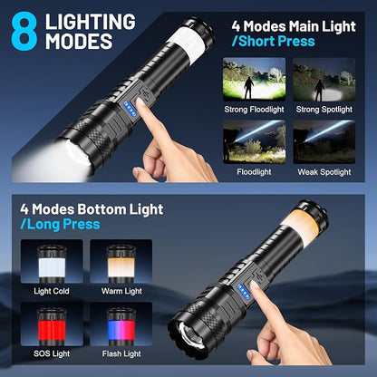Rechargeable Flashlight High Lumens - 3000 Lumens Waterproof Police Flashlight, Zoomable Beam LED Flash Light with 8 Modes and SOS for Emergencies, Home, Camping, Hiking, Pet Walking(Black)