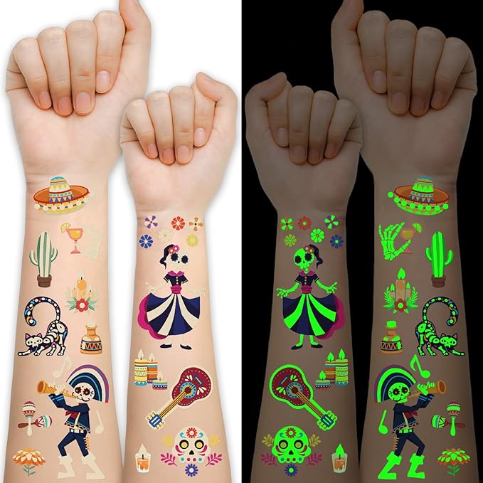 Temporary Tattoos for Day of the Dead, 36 Sheets Glow in the Dark Fake Tattoos for Adults and Kids, 180 Patterns for Halloween Make Up Party, Skull Skeleton Cat Ghost Guitar Sticker