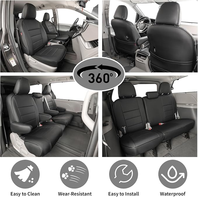 EKR Sienna Seat Covers for 2011-2020 Toyota Sienna XLE,Limited,Limited Premium,7 Seats,2nd Row Captain Seats W/Legrest,Seat Covers for SUV,Automotive Seat Cover Full Set-Three Row,Leather(Black)