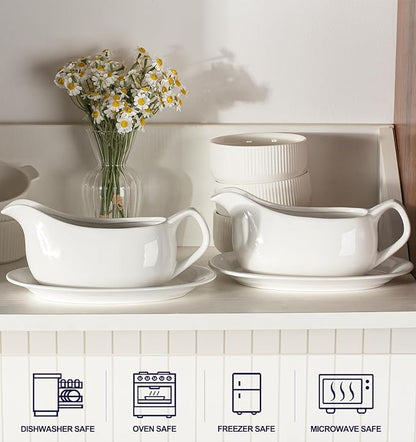 Gravy Boat with Saucer 19 oz,Ceramic Gravy Boats with Tray Set of 2, Gravy Bowl for Turkey,Dispenser with Tray for Sauces,Beef, Salad Dressing, Creamer, Broth,Microwave and Dishwasher Safe Gravy Boats