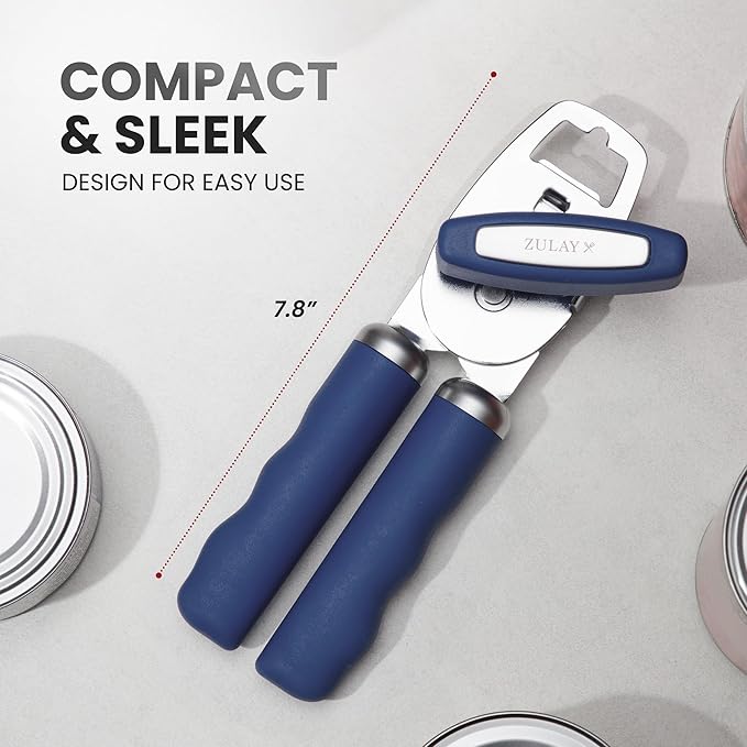 Zulay Kitchen Heavy Duty Stainless Steel Can Opener Manual with Bottle Opener - Rust Proof Manual Can Opener With Turn Knob & Comfy Soft Grip Handles - Blue