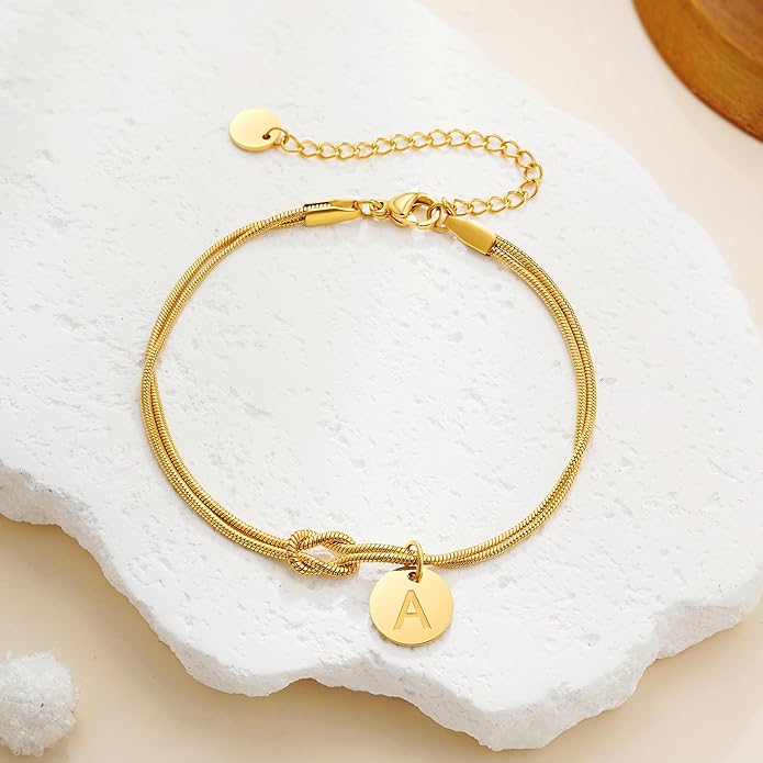 Gold Initial Bracelets for Women Girls - 18K Gold Plated A-Z Initial Bracelet Dainty Knot Bracelet Gold Bracelets for Women Teen Girl Gifts Trendy Stuff