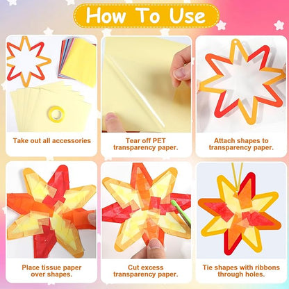 Qyeahkj 36 Set Summer Star Suncatchers Crafts for Kids DIY Star Window Tissue Paper Craft Kit Art Ornament Hanging Decor for School Home Classroom Activity Art Project Birthday Party Favors Gifts