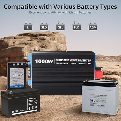 1000W Pure Sine Wave Inverter, 1 USB Port 5v/2.1a, LCD Display&Remote Controller