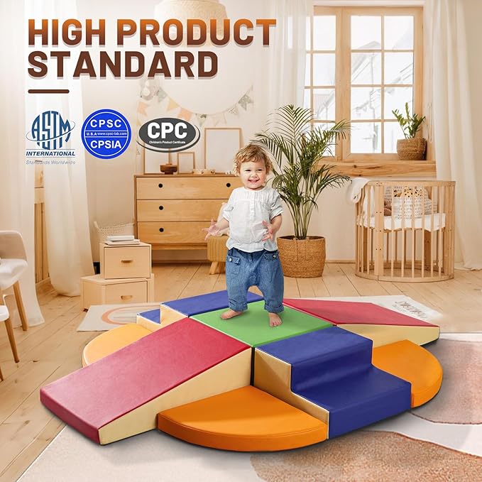 9-Piece Climbing Foam Blocks: Soft PU Leather - Baby Climb and Crawl Activity Blocks - Kids Play Gym Equipment Indoor for Development