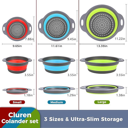 Collapsible Colander Set with Oversized Draining Tray | 3-Pack Foldable Kitchen