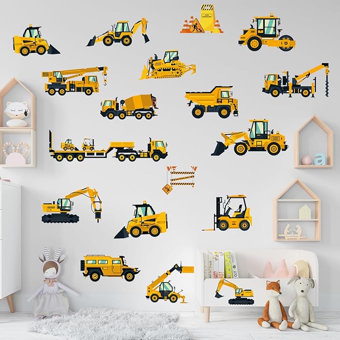 Wall Decals Stickers Construction Vehicles Wall Stickers Tractor Excavator Crane Wall Murals Peel and Stick Removable Wall Decor for Nursery Kid Boys Girls Bedroom Living Room Playroom Classroom