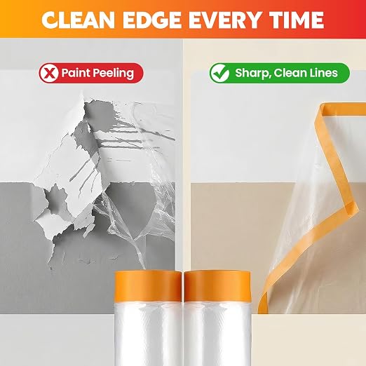 LLPT Pre-Taped Masking Film, 157.5" Unfolded x 66Ft, 0.27 Mil, 2 Pack | Static-Cling, Disposable, Solvent & Oil Resistant Bleed-Proof Low Tack No Residue for Auto Wall Furniture Painting Protection