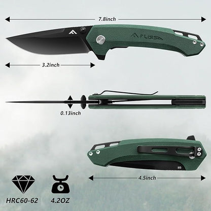 FLISSA Pocket Folding Knife, 3.2??D2 Blade G10 Handle EDC Knife with Pocket Clip Liner Lock for Hunting, Camping, Survival, Outdoor Activities(Green)