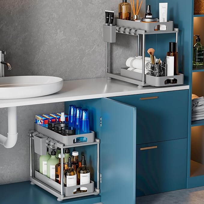 VERIFOST 2 Pack Adjustable Gray Under Sink Organizers, 2 Tier Pull Out Storage