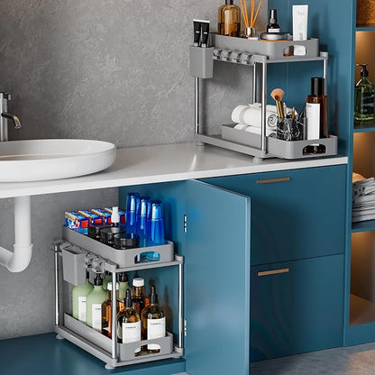 VERIFOST 2 Pack Adjustable Gray Under Sink Organizers, 2 Tier Pull Out Storage