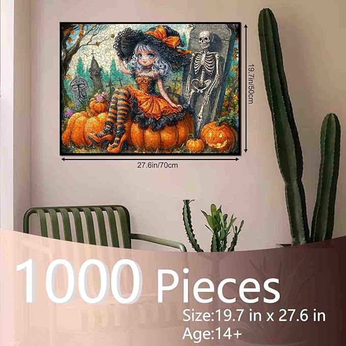 1000 Piece Jigsaw Puzzle for Adults Halloween Witch Fantasy Puzzle with Pumpkins Skeleton and Graveyard – Spooky Gothic Art Puzzle for Women Men Teens Family Challenging Fun Halloween Decor Gift