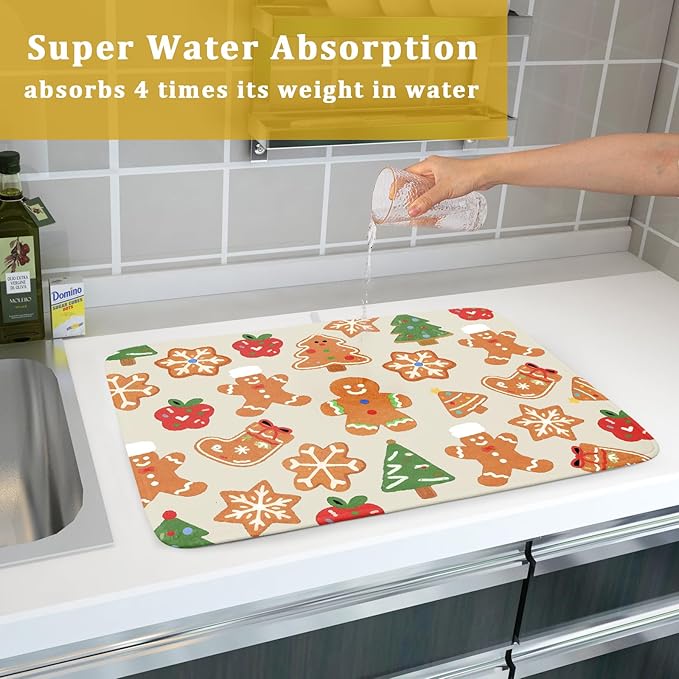 Christmas Dish Drying Mat for Kitchen Counter 18x24 Cute Gingerbread Themed