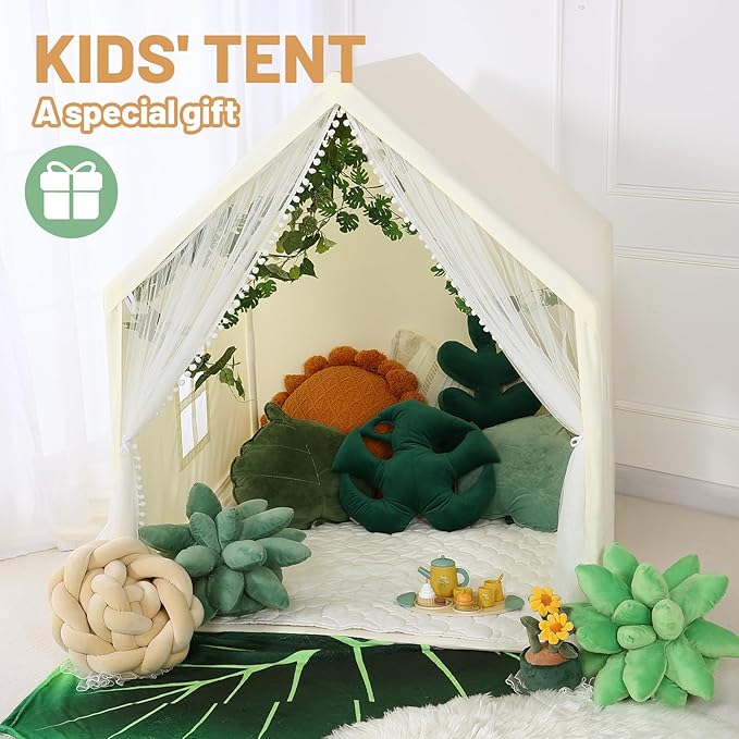 Wilwolfer Kid Tent with Mat, Star Lights - Kids Play Tents for Toddlers Kids Tents Indoor Playhouse - Princess Tent for Girls Toy House Gift (Beige with Mesh)