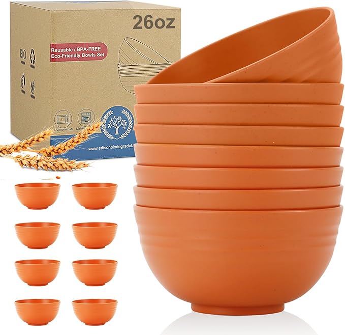 Wheat Straw Bowl Sets,8 PCS Unbreakable Cereal Bowls 26 OZ,Microwave and Dishwasher Safe Bowl Sets, Bowls suitable for picnic,camping and R.V. (Orange)