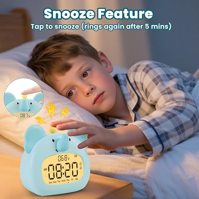 Elephant Alarm Clock with Night Light for Kids – Cute Digital Sleep Trainer with LED Display, 3 Alarms, Countdown Timer, Adjustable Brightness – Rechargeable Bedside Clock for Boys and Girls
