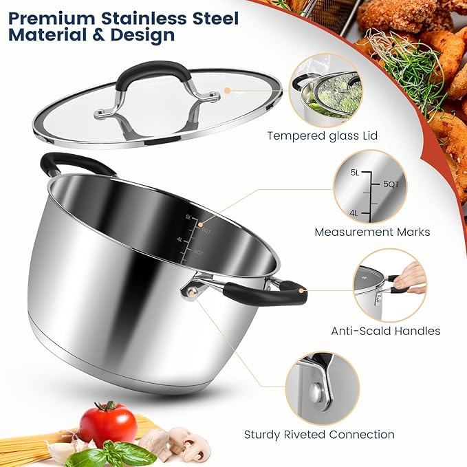 AOSION 6 Quart Stainless Steel Stock Pot