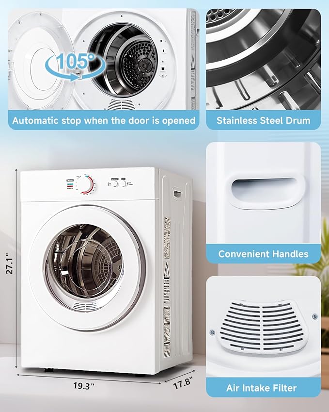 1.8 Cu.Ft Compact Dryer - 1020W Portable Clothes Dryer