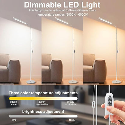 White LED Reading Floor Lamp, Bright 12W Dimmable Standing Light, Adjustable