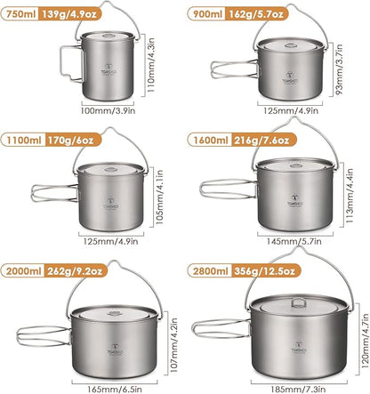Camping Pot, Titanium Pot 750ml/900ml/1100ml/1600ml/2000ml/2800ml Ultralight ing Pot with Lid and Foldable Handle Outdoor Camping Backpacking Cooking Picnic