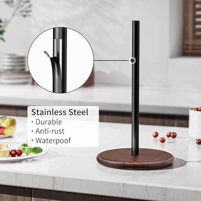 Paper Towel Holder with Wooden Base, Kitchen Countertop Paper Towel Stand