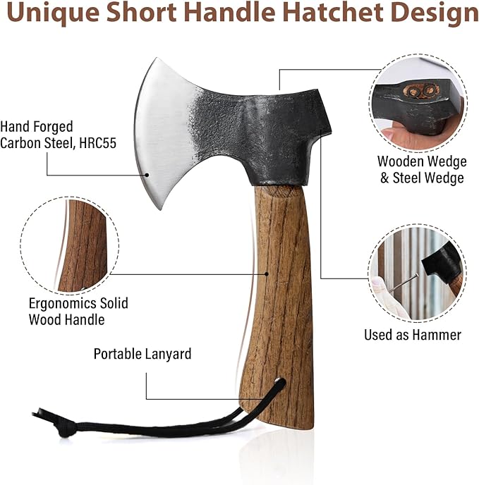 Small Camping Axe with Leather Sheath, 8.46" Backpacking Hatchet with Wooden Handle, Splitting Axe for Jungle, Gardening, Hunting, Survival