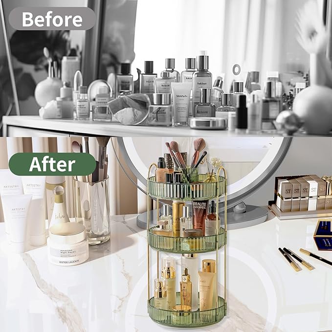 Asayuee 360 Rotating Makeup Organizer, 3 Tier Large Capacity Make Up Organizers