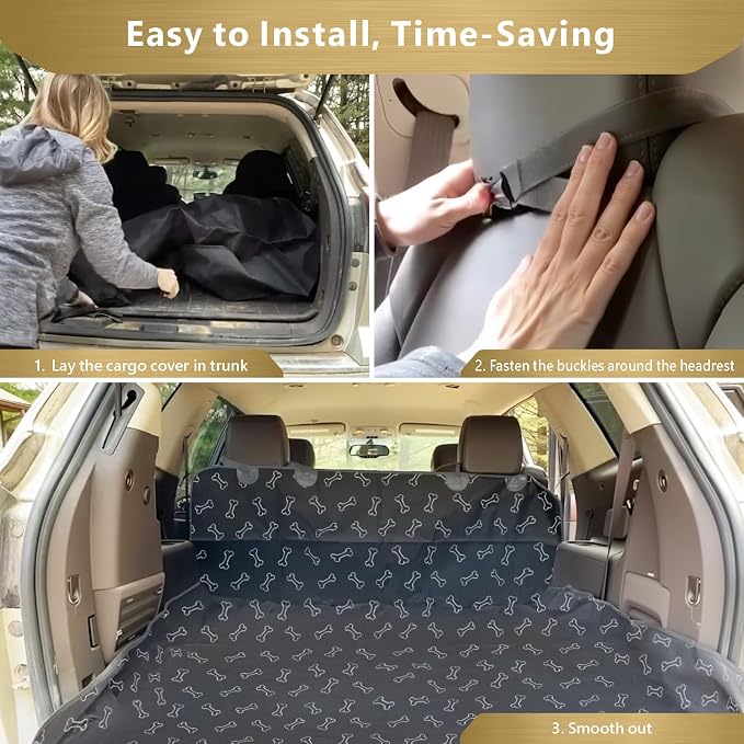 F-color SUV Cargo Liner for Dogs, Water Resistant Pet Cargo Cover Dog Seat Cover Mat for SUVs Sedans Vans with Bumper Flap Protector, Non-Slip, Large Size Universal Fit, Bone
