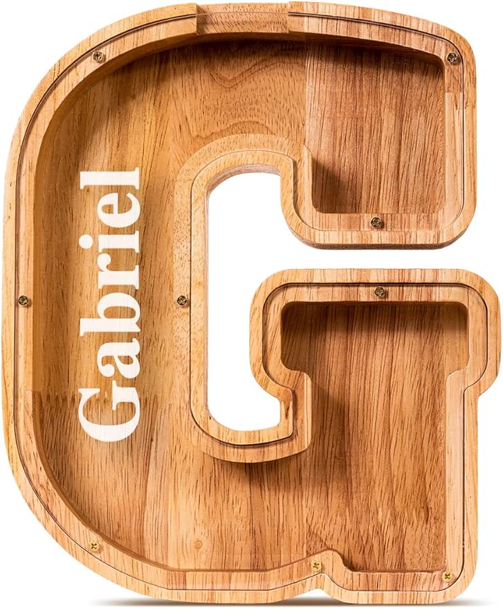 Summidate Customized Name Large Wooden Piggy Bank for Kids Boys Girls Alphabets Letter A-Z Coins Bills Money Change Bank Box Initial on Clear Cover (Laser Engraved) (Alphabet-G, Personalized-9")