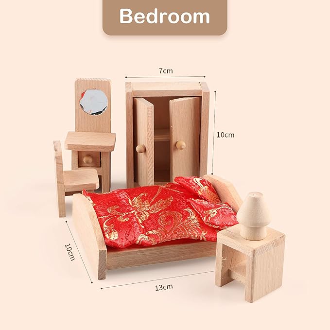 5 Set Dollhouse Furniture Accessories Wooden Bathroom/Living Room/Dining Room/Bedroom/Kitchen House 6 Family Doll Decoration Pretend Play Kids Christmas Birthday Gifts for Girls Toys 40 Pcs