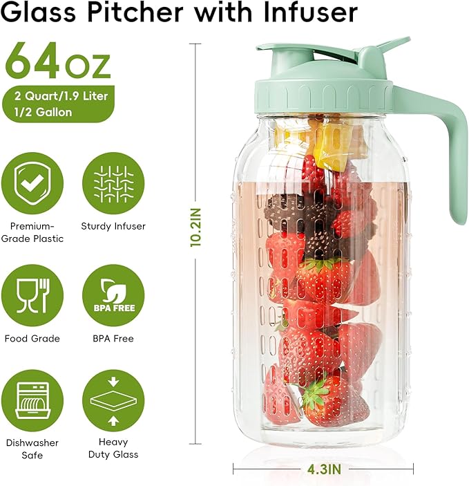 JunVpic Glass Mason Jar Pitcher, 64oz Wide Mouth Jug
