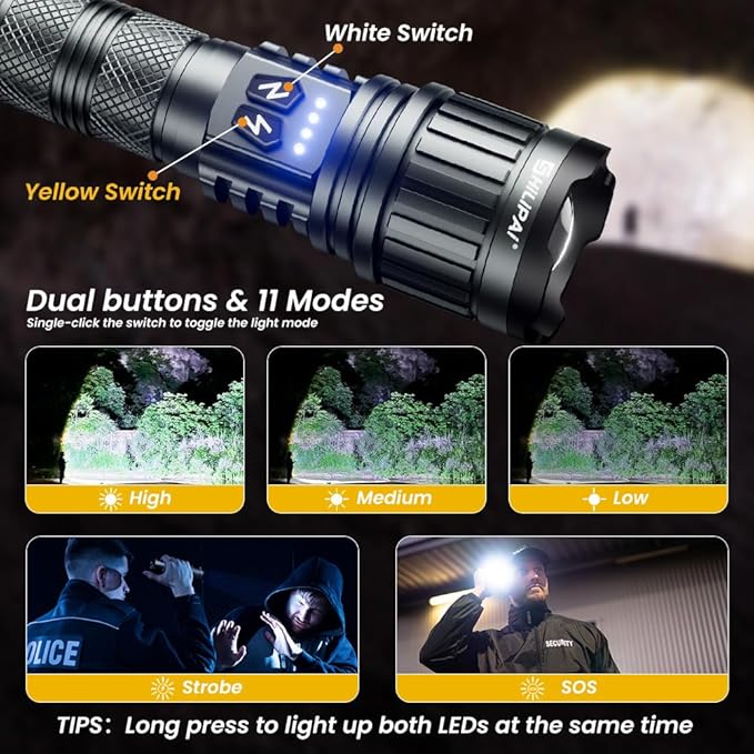 5000mAh Rechargeable High Lumens Flashlight with Warm/White Light - 11 Modes Zoomable Tactical, Waterproof for Camping, Emergency, Outdoor Travel