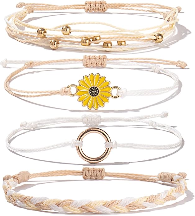 FANCY SHINY Sunflower String Bracelet Boho Braided Rope Wrap Bracelets Cute Summer Beach Surfer Jewelry for Women Christmas Gifts