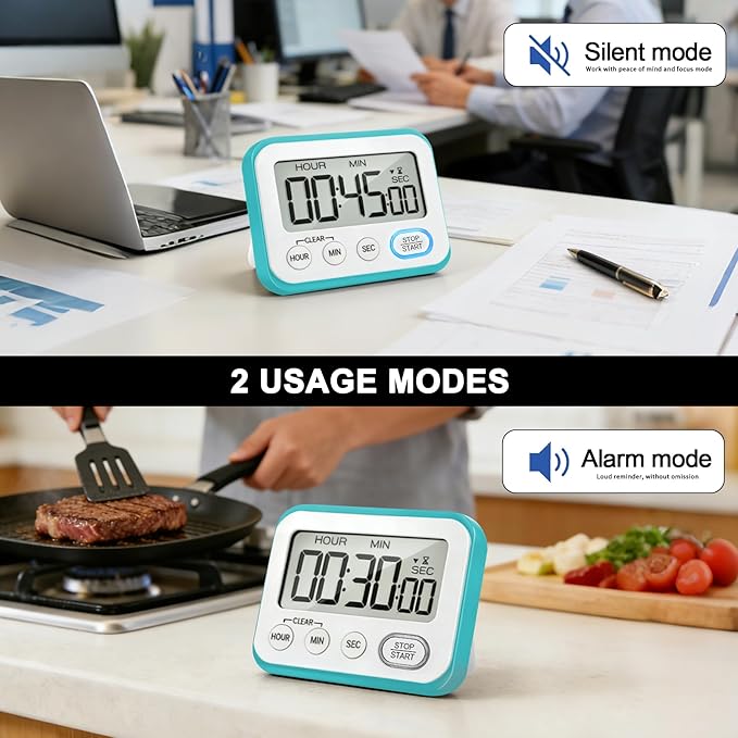 Digital Kitchen Timer Magnetic Loud Alarm, Large LCD Screen Silent/Beeping