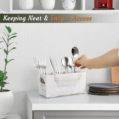DRASTAR Wooden Silverware Caddy, Flatware Cutlery Holder, Kitchen Utensil Holder