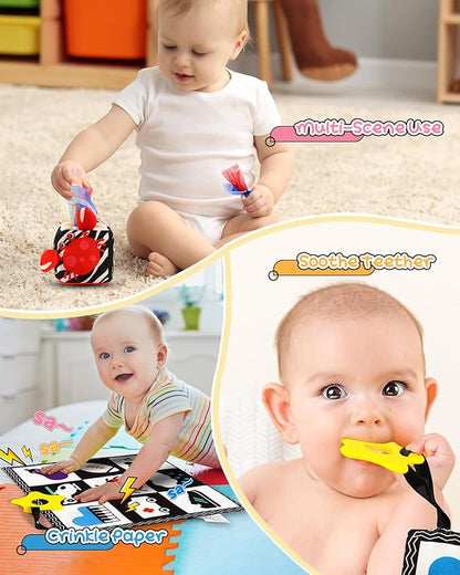 3 PCS Black and White High Contrast Baby Toys for Newborn, Montessori Toy Sensory Infant Tummy Time Toy Baby Essentials 0-6-12 Months Gifts