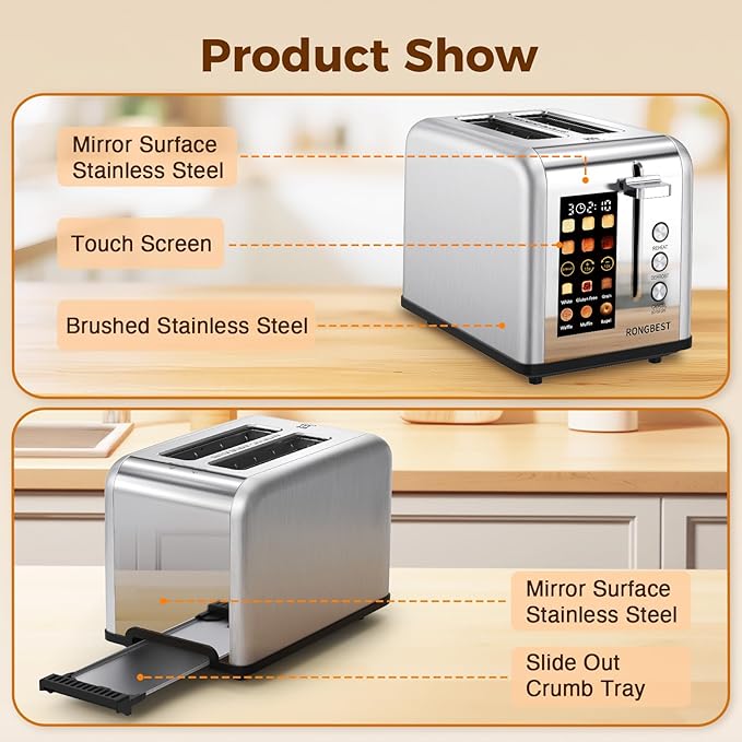 2 Slice Easy Touch Screen Toaster, Stainless Steel Toaster