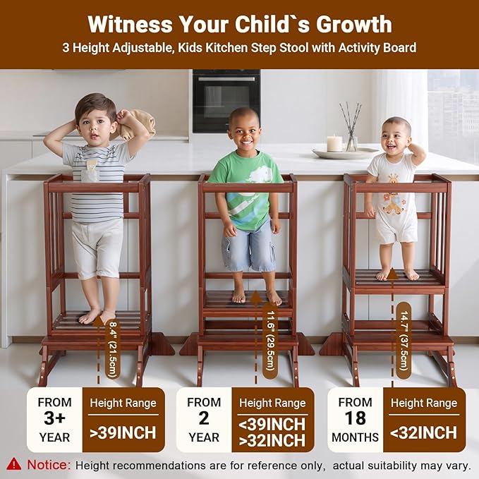 COSYLAND Toddler Step Stool Height Adjustable – Portable Kids Kitchen Stool Helper with Stabilizing Base Block – Toddler Standing Tower for Bathroom Living Room Dining Room (Brown)