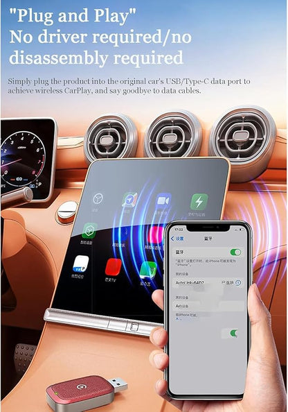Mini Wireless CarPlay Adapter for KIA Seltos 2024 2025 2026, Wired Car Play to Wireless Plug & Play Auto Connect CarPlay Adapter,A-Red