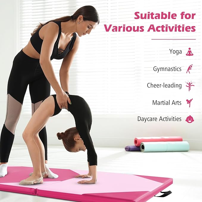 Giantex 4'x10'x 2" Gymnastics Mat, 4-Panel Folding Aerobics Exercise Mat w/Hook & Loop Fastener, Carrying Handle, Portable Tumbling Mat for Stretching Yoga Cheerleading Martial Arts