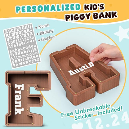 Summidate Wooden Letter Piggy Bank, Extra Thick Large Capacity Piggy Bank for Kids Boys Girls Toddler, Alphabet F Money Bank| Coin Box Birthday, Christmas, Festival