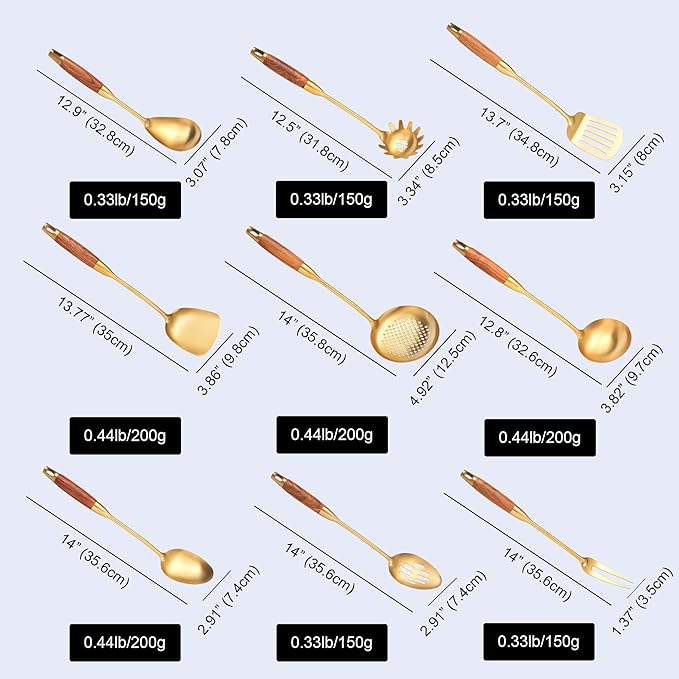 Gold Kitchen Utensils Set, Solid and Slotted Spoon, Slotted Tunner, Spaghetti